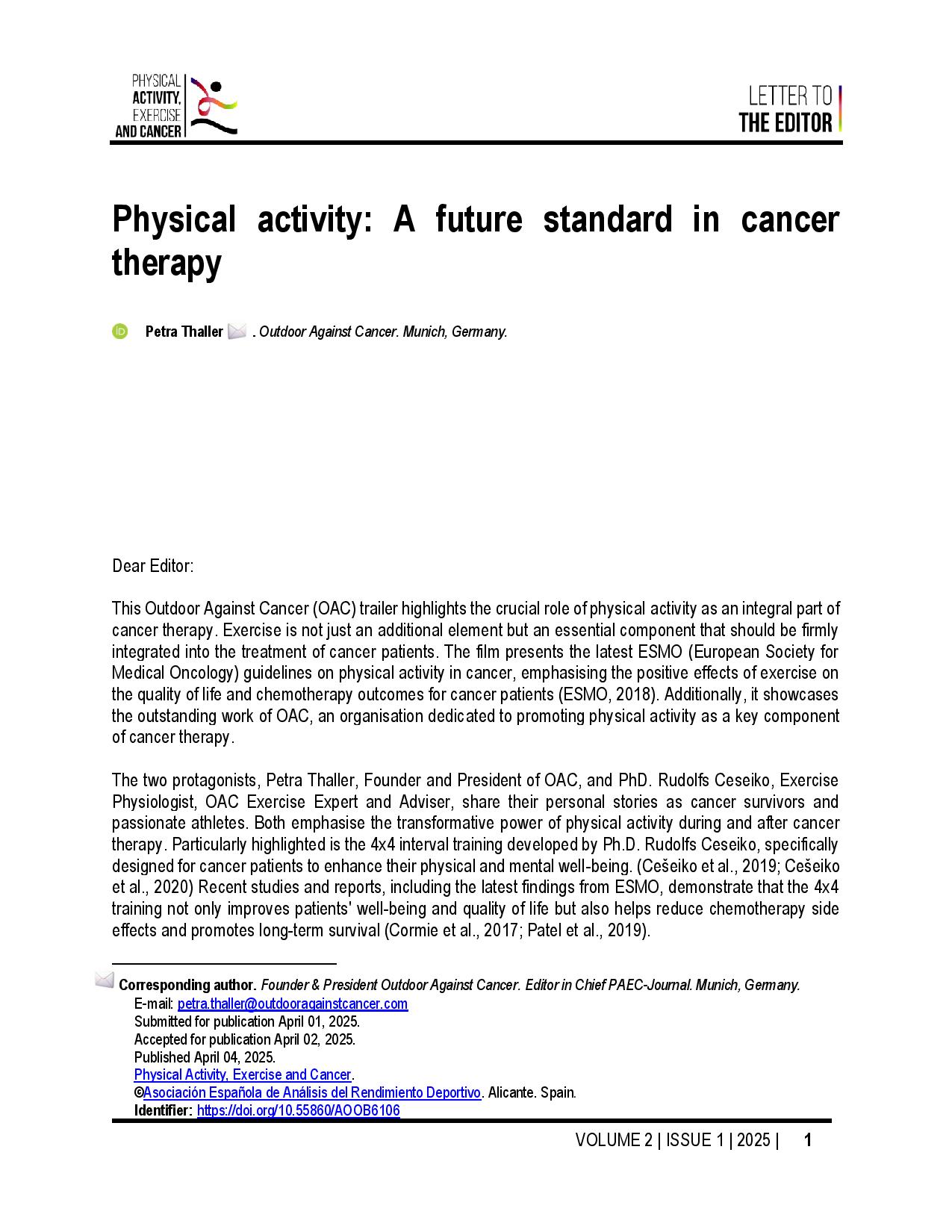 Physical activity: A future standard in cancer therapy
