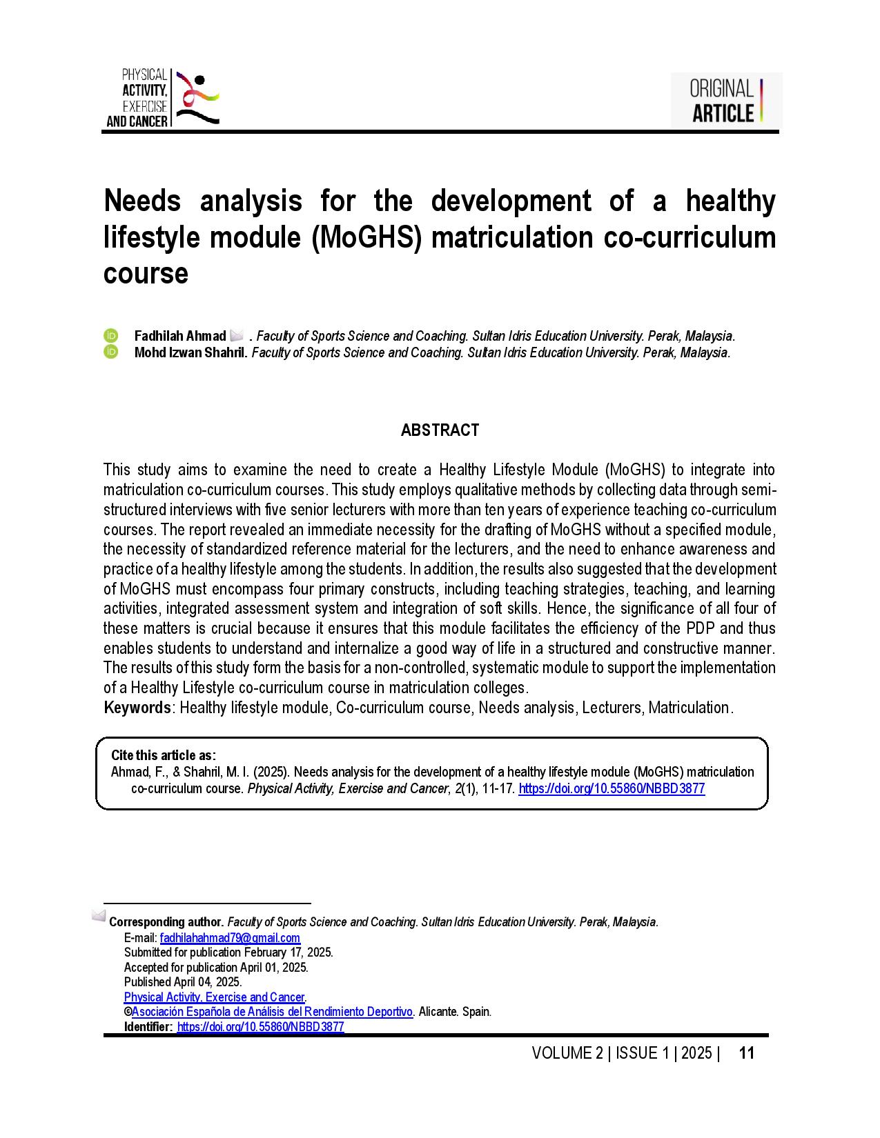 Needs analysis for the development of a healthy lifestyle module (MoGHS) matriculation co-curriculum course