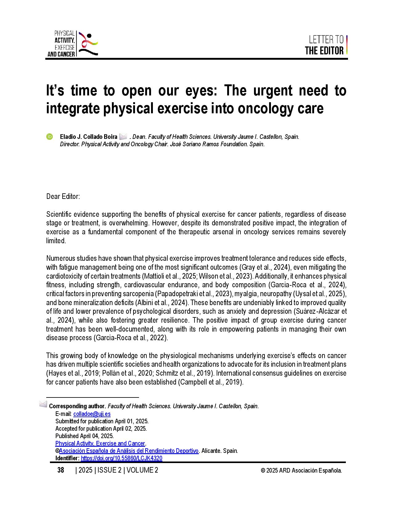 It’s time to open our eyes: The urgent need to integrate physical exercise into oncology care
