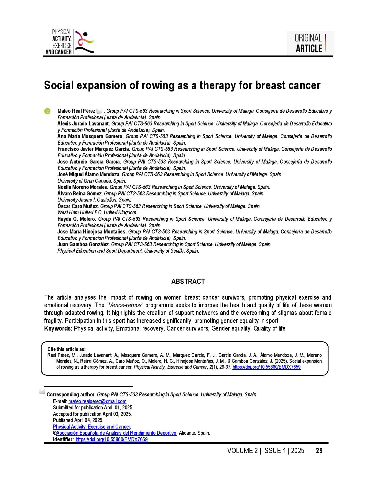 Social expansion of rowing as a therapy for breast cancer