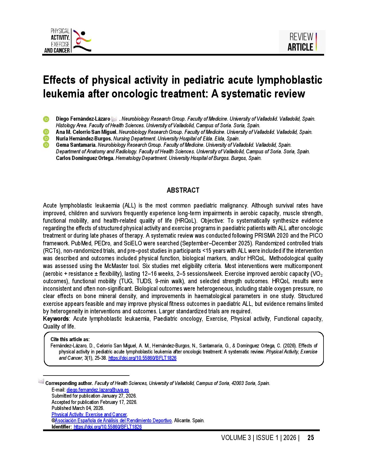 Effects of physical activity in pediatric acute lymphoblastic leukemia after oncologic treatment: A systematic review
