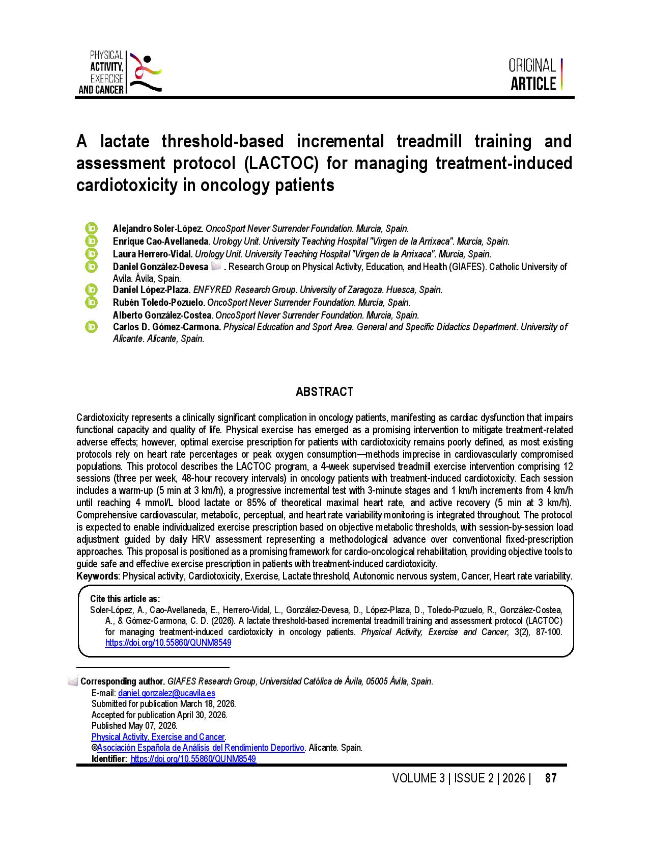 A lactate threshold-based incremental treadmill training and assessment protocol (LACTOC) for managing treatment-induced cardiotoxicity in oncology patients
