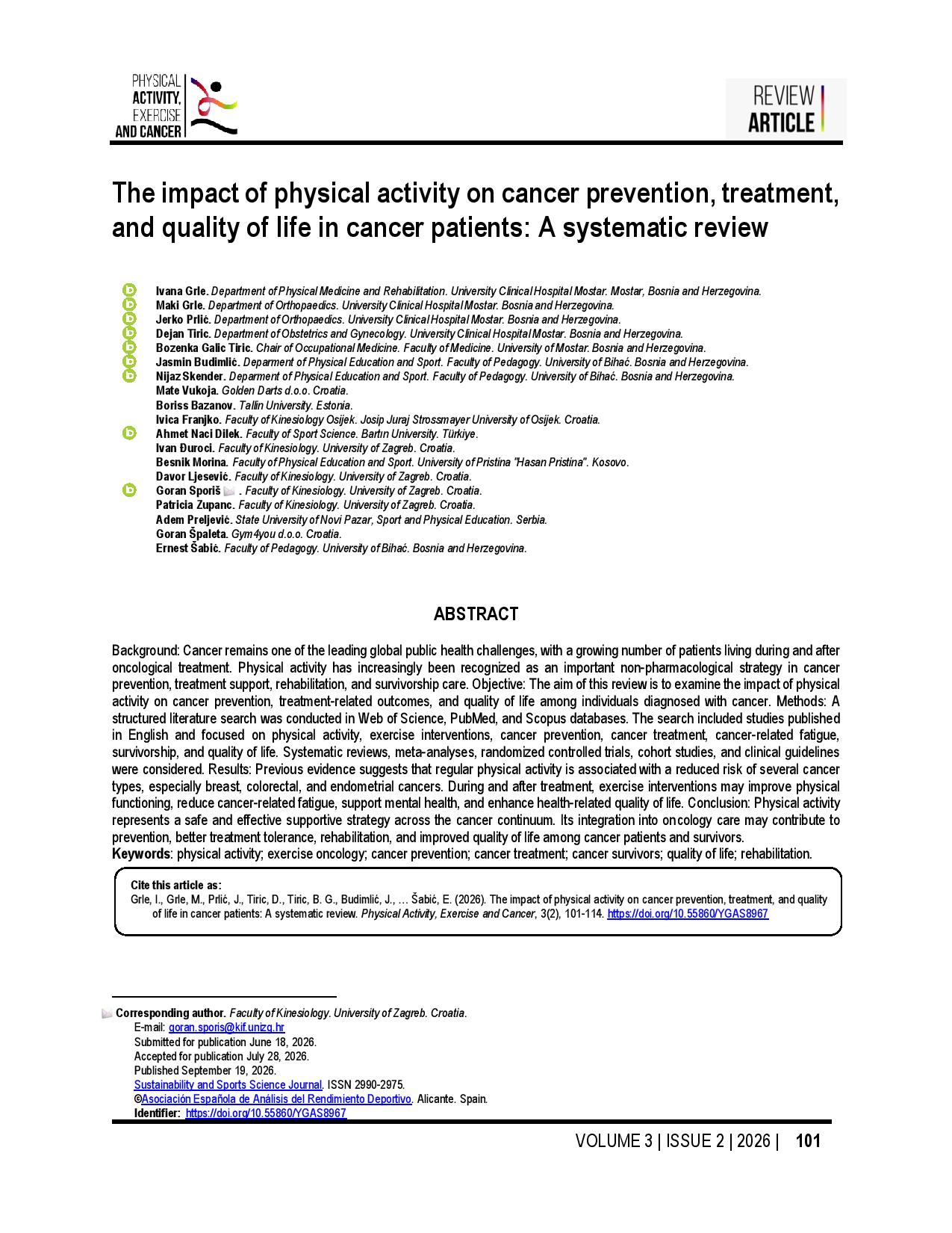 The impact of physical activity on cancer prevention, treatment, and quality of life in cancer patients: A systematic review